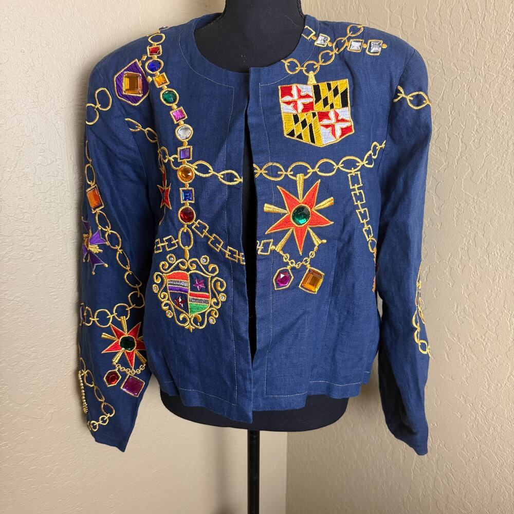 Max Margo Collection Linen Jacket Blue Embroidered Jeweled Heraldic Statement
